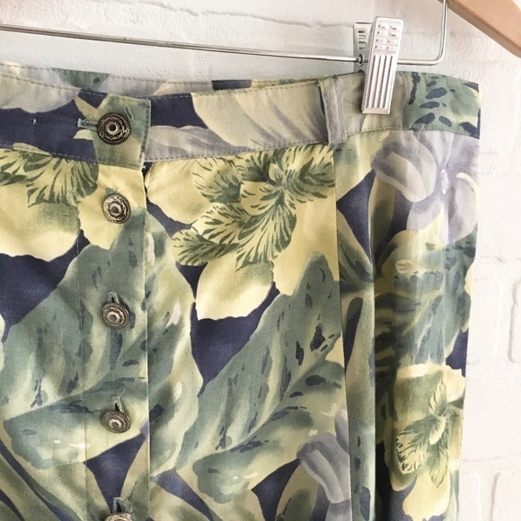 NWOT Vintage Midi Skirt Floral Tropical Leaves Print Button down Blue Cream 16 - Picture 2 of 9